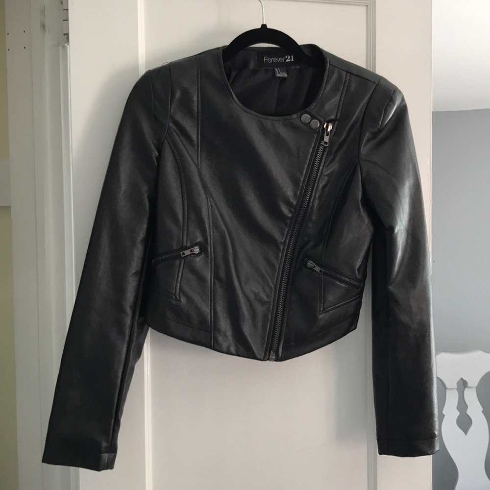Faux black leather moto jacket